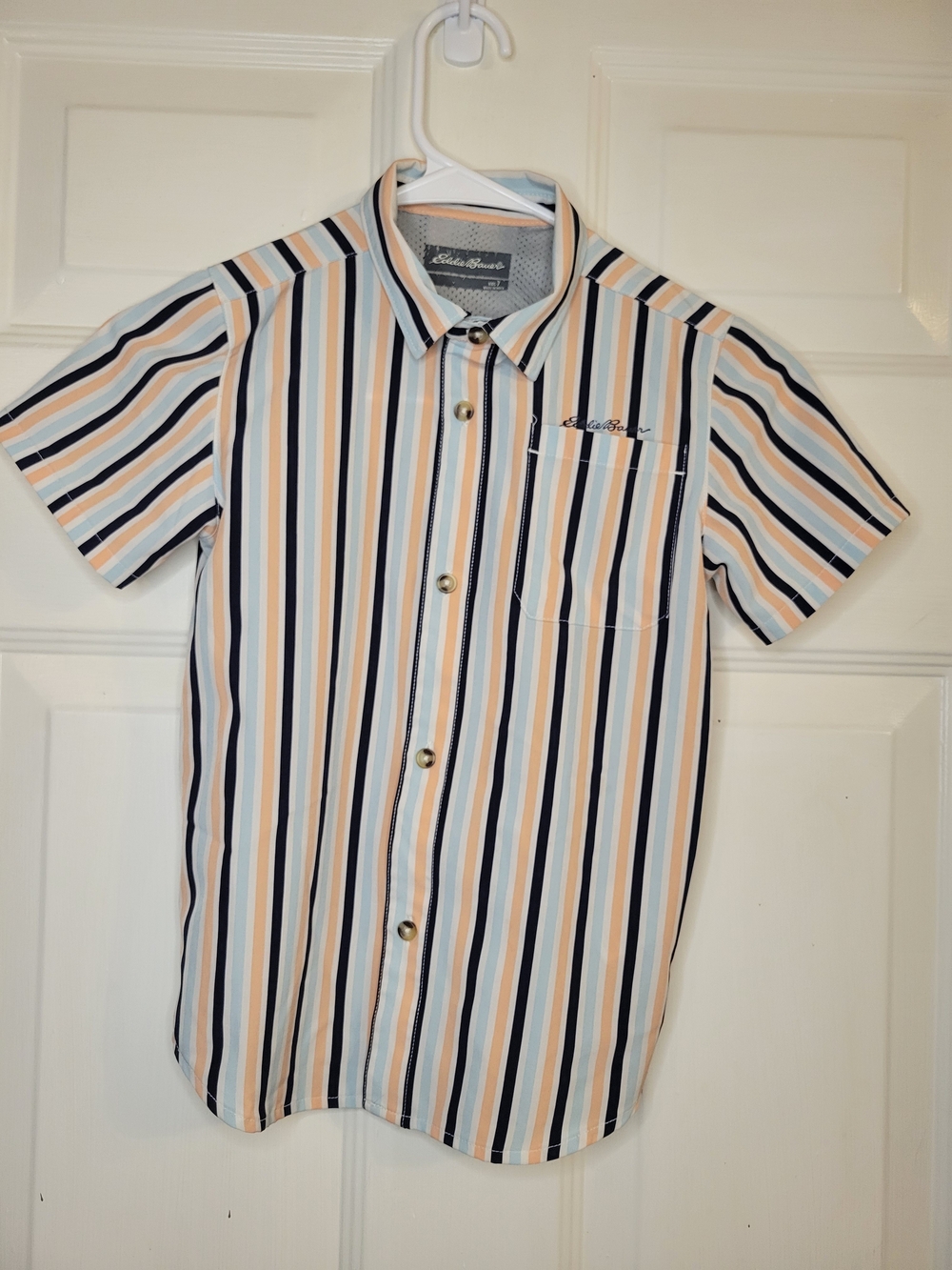 Eddie Bauer Men’s Short Sleeve Stripe Button-Up Shirt - White/Blue/Tan
